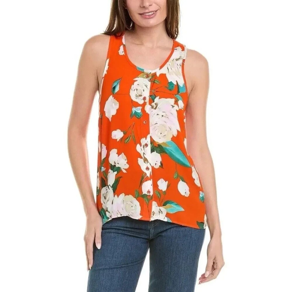 NEW~Cabi Manet Bright Orange Rose Floral Button Up Tank Sleeveless Blouse M